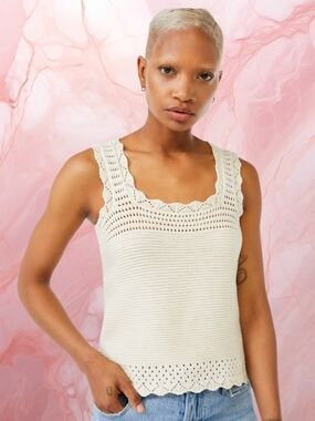 Vtg. Crochet-Trim Knit Tank Top - Ivory
